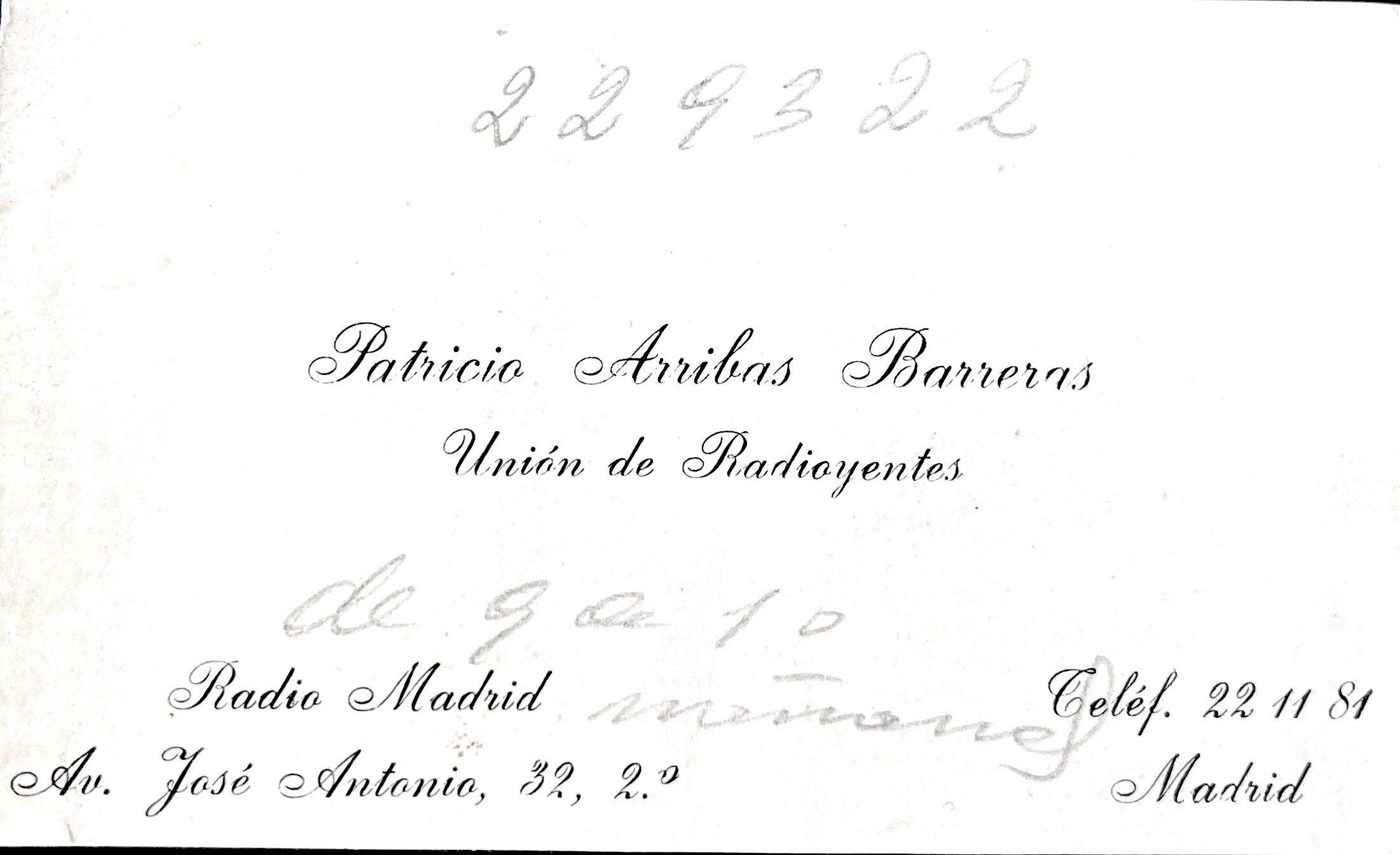 Tarjeta de visita del contacto de Radio Madrid para el carnet del radioyente